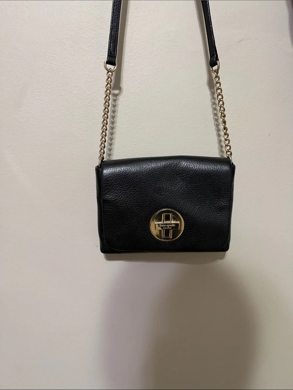 Kate Spade Black Leather Crossbody with Gold Chain and Turn-Lock
